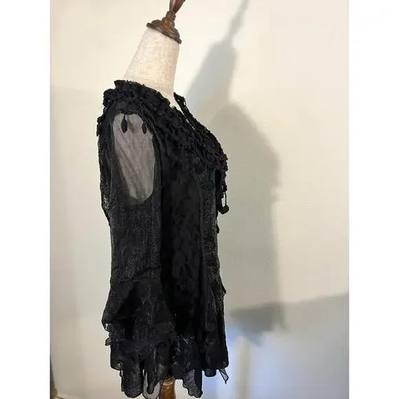 Elegant Black Sheer Ruffled Women's Blouse - Picture 4 of 6